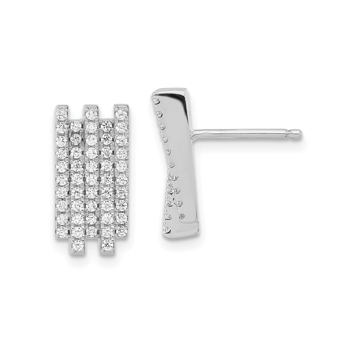 Sterling Silver Stud Earrings with Vertical Rectangle Design and Cubic Zirconia Rows