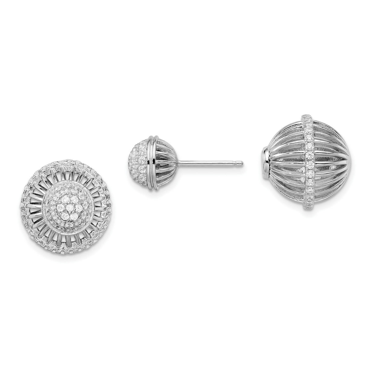 Sterling Silver Stud Earrings with Cubic Zirconia, Dome Lattice Design, Geometric Statement Style