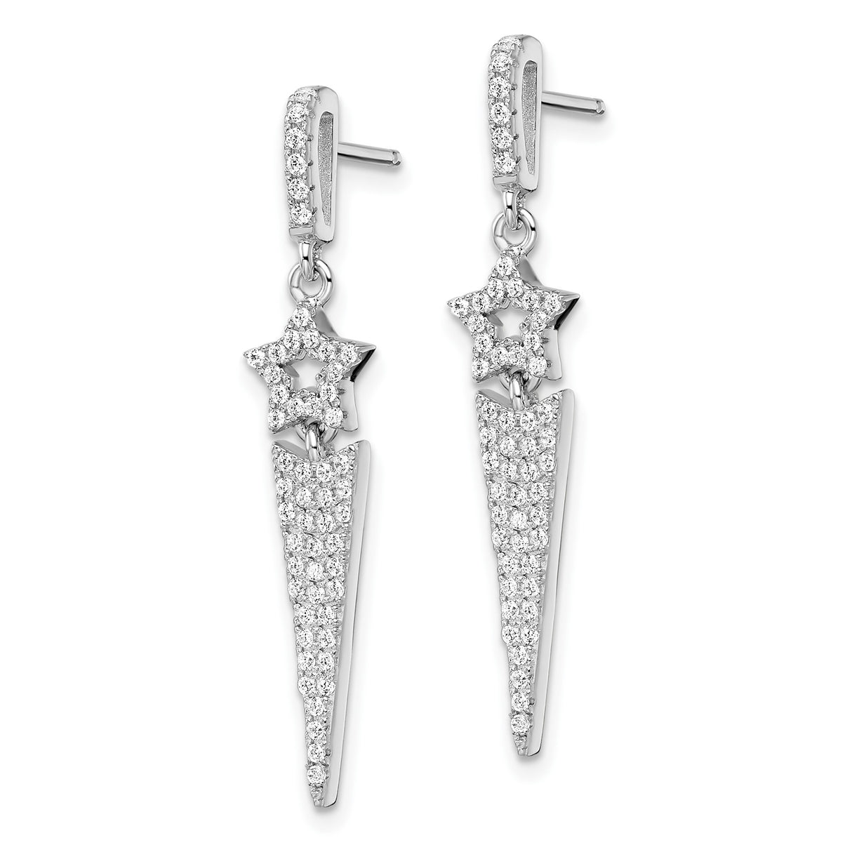 Sterling Silver Dangle Star Earrings with Cubic Zirconia, Tapered Spike Celestial Design