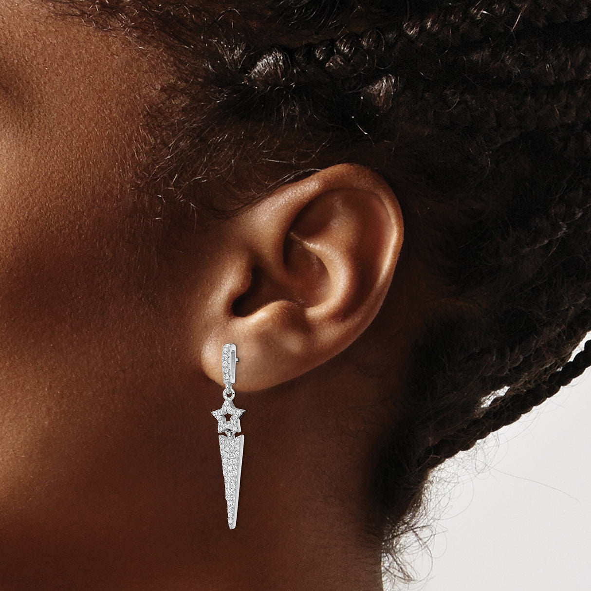 Sterling Silver Dangle Star Earrings with Cubic Zirconia, Tapered Spike Celestial Design