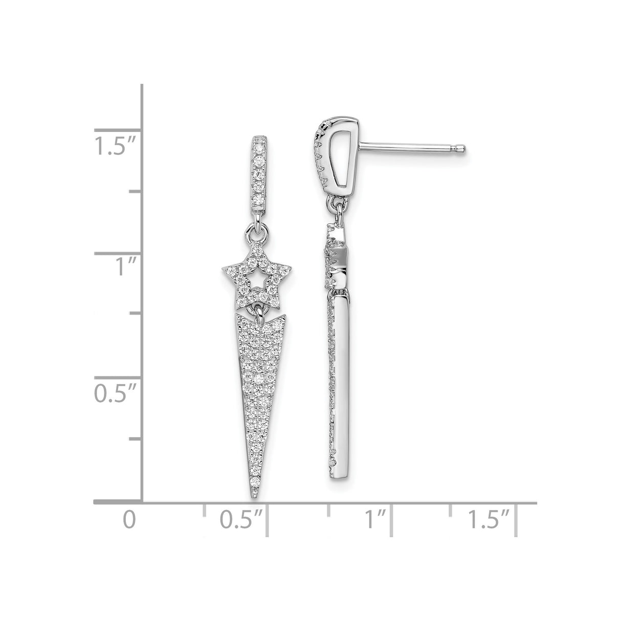 Sterling Silver Dangle Star Earrings with Cubic Zirconia, Tapered Spike Celestial Design