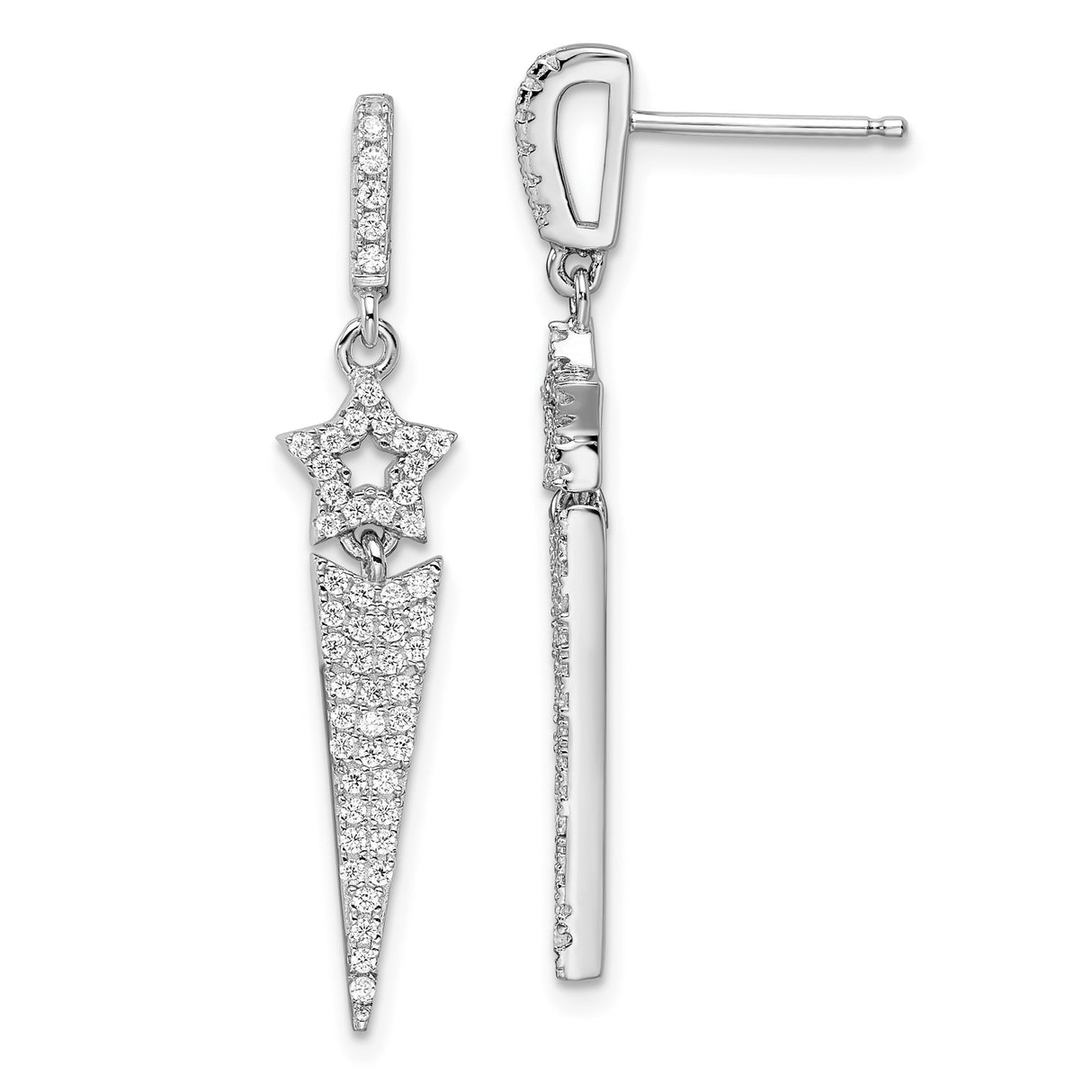 Sterling Silver Dangle Star Earrings with Cubic Zirconia, Tapered Spike Celestial Design