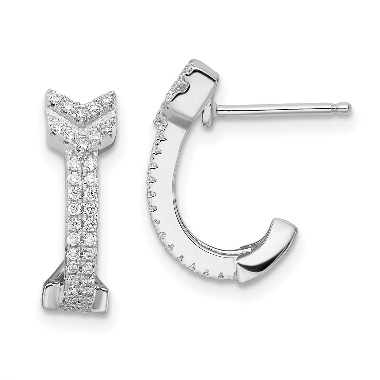 Sterling Silver Hoop Earrings with V Shape Chevron Design and Cubic Zirconia Pave Rows