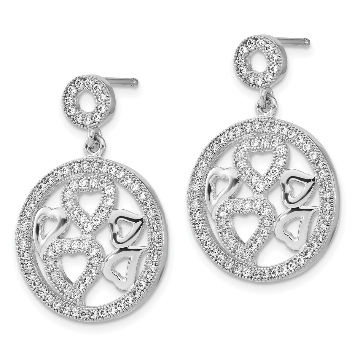 Sterling Silver Dangle Earrings with Cubic Zirconia, Open Heart and Teardrop Design