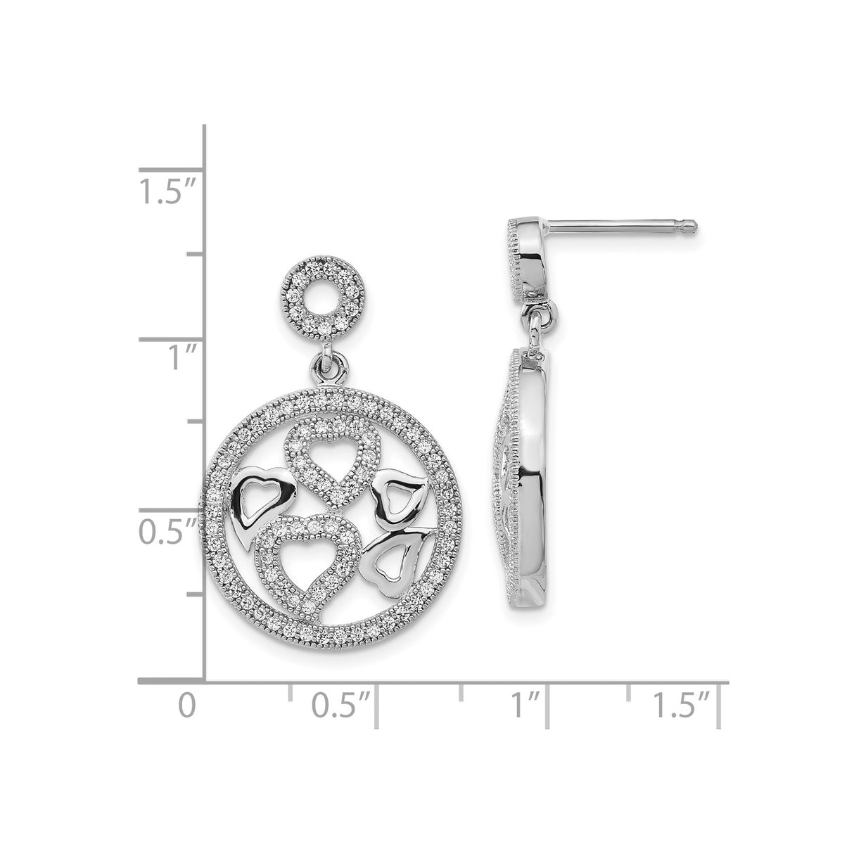 Sterling Silver Dangle Earrings with Cubic Zirconia, Open Heart and Teardrop Design