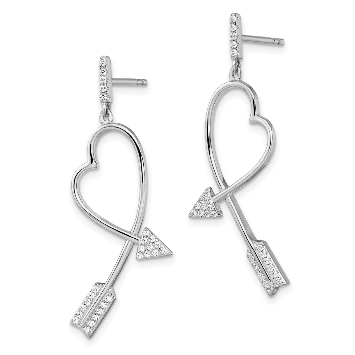 Sterling Silver Dangle Earrings with Cubic Zirconia, Arrow Heart Design for Women