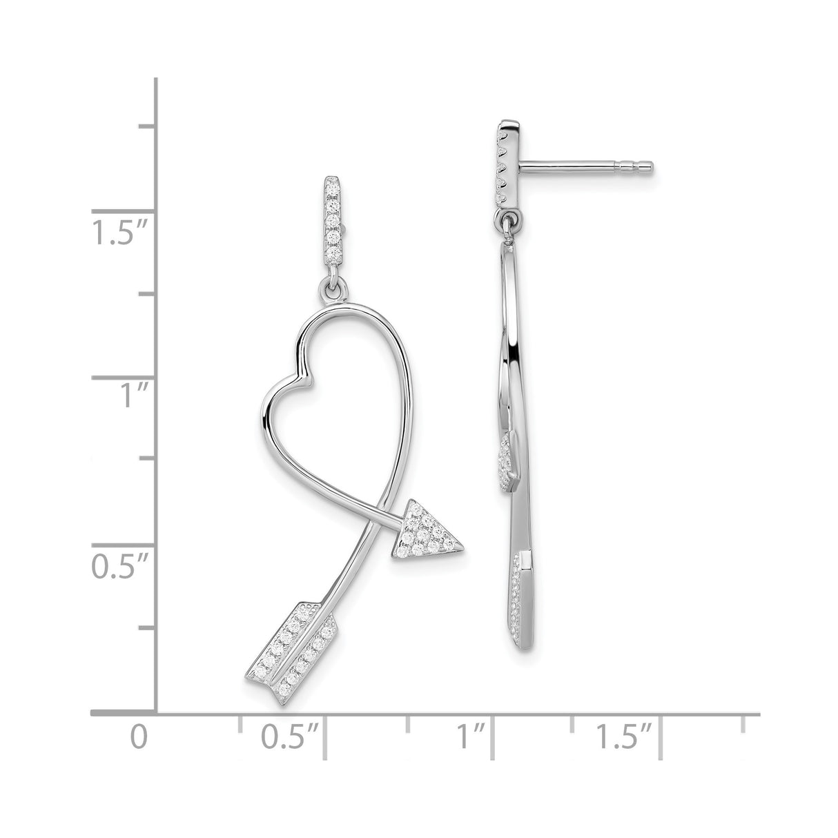 Sterling Silver Dangle Earrings with Cubic Zirconia, Arrow Heart Design for Women