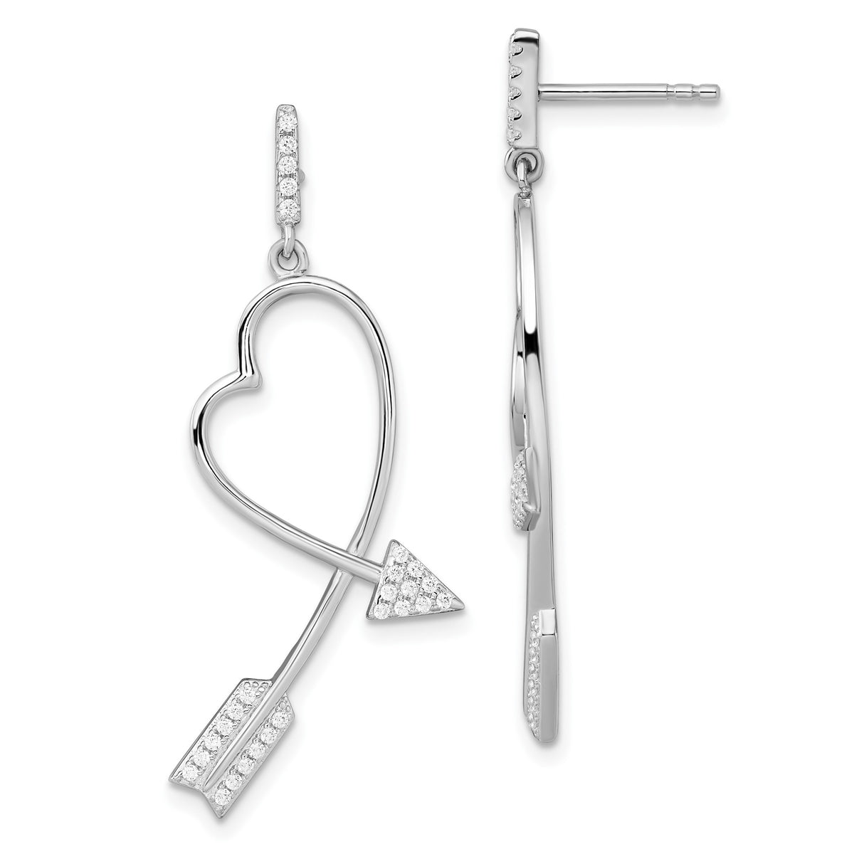 Sterling Silver Dangle Earrings with Cubic Zirconia, Arrow Heart Design for Women