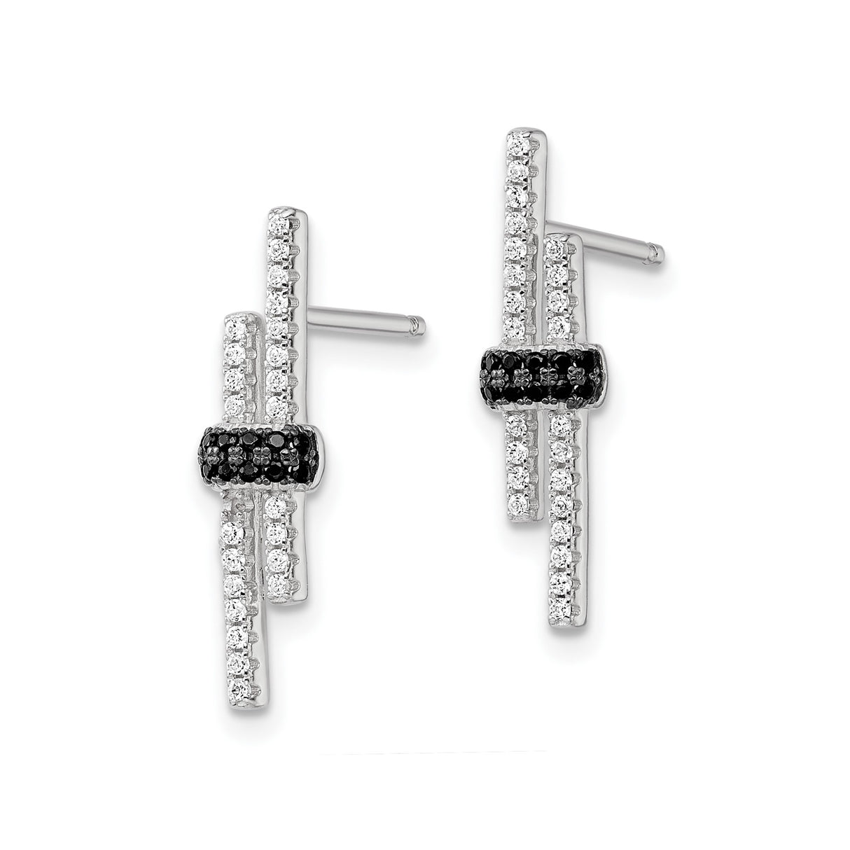 Sterling Silver Stud Earrings with Cubic Zirconia and Black Spinel, Geometric Bar Design