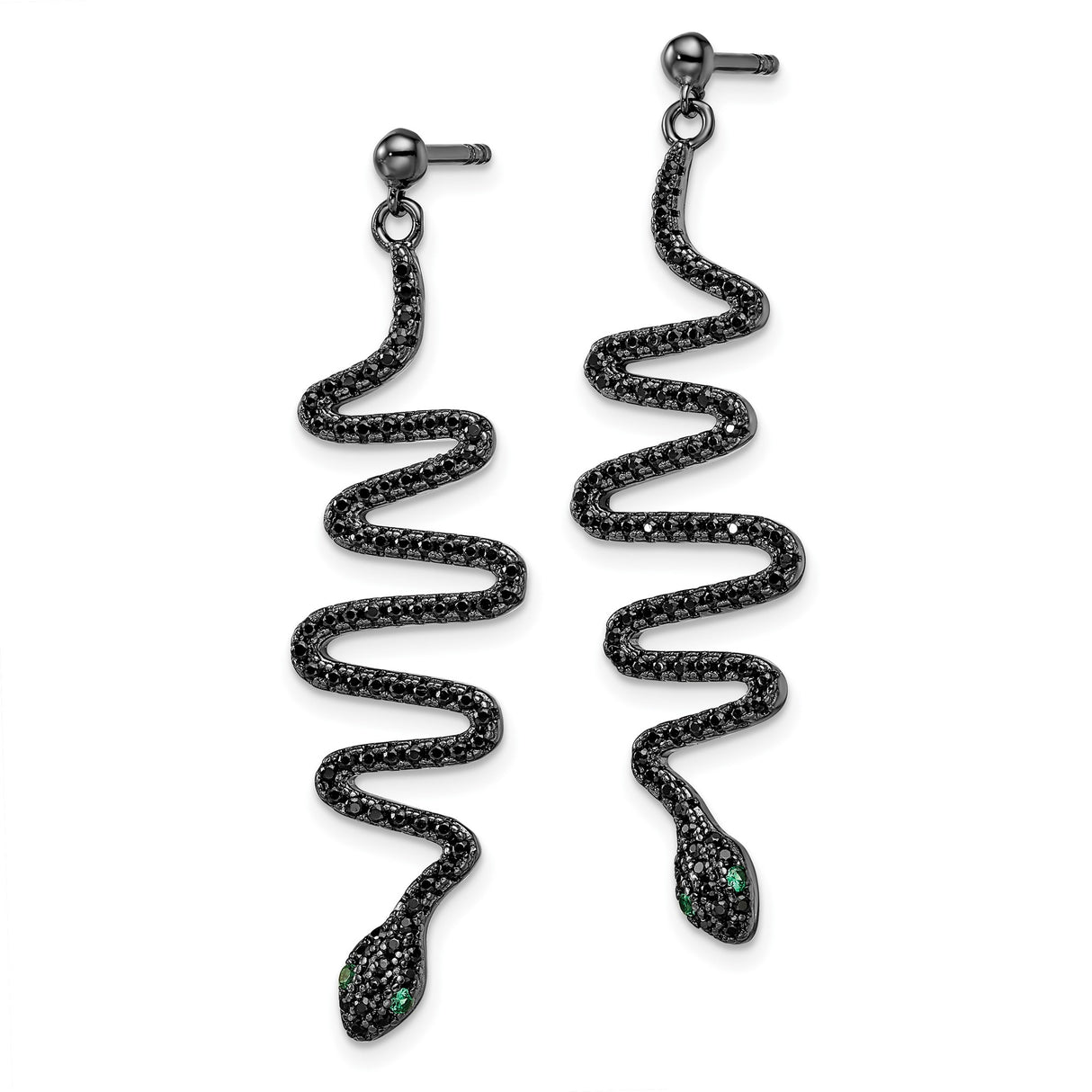 Sterling Silver Snake Dangle Earrings with Black Spinel and Green Gemstone Eyes, Gothic Style