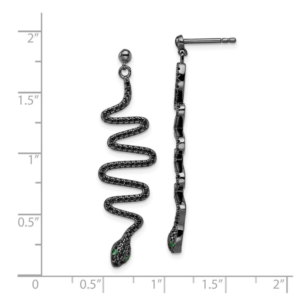Sterling Silver Snake Dangle Earrings with Black Spinel and Green Gemstone Eyes, Gothic Style