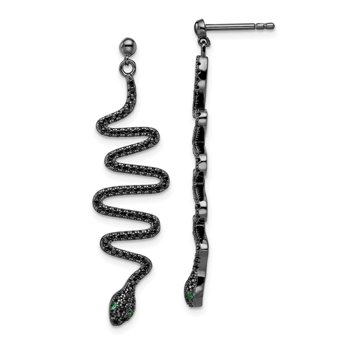 Sterling Silver Snake Dangle Earrings with Black Spinel and Green Gemstone Eyes, Gothic Style