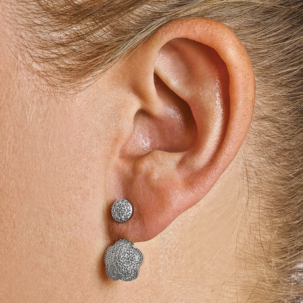 Sterling Silver Stud Earrings with Cubic Zirconia, Floral Layered Design, Convertible Drop Style