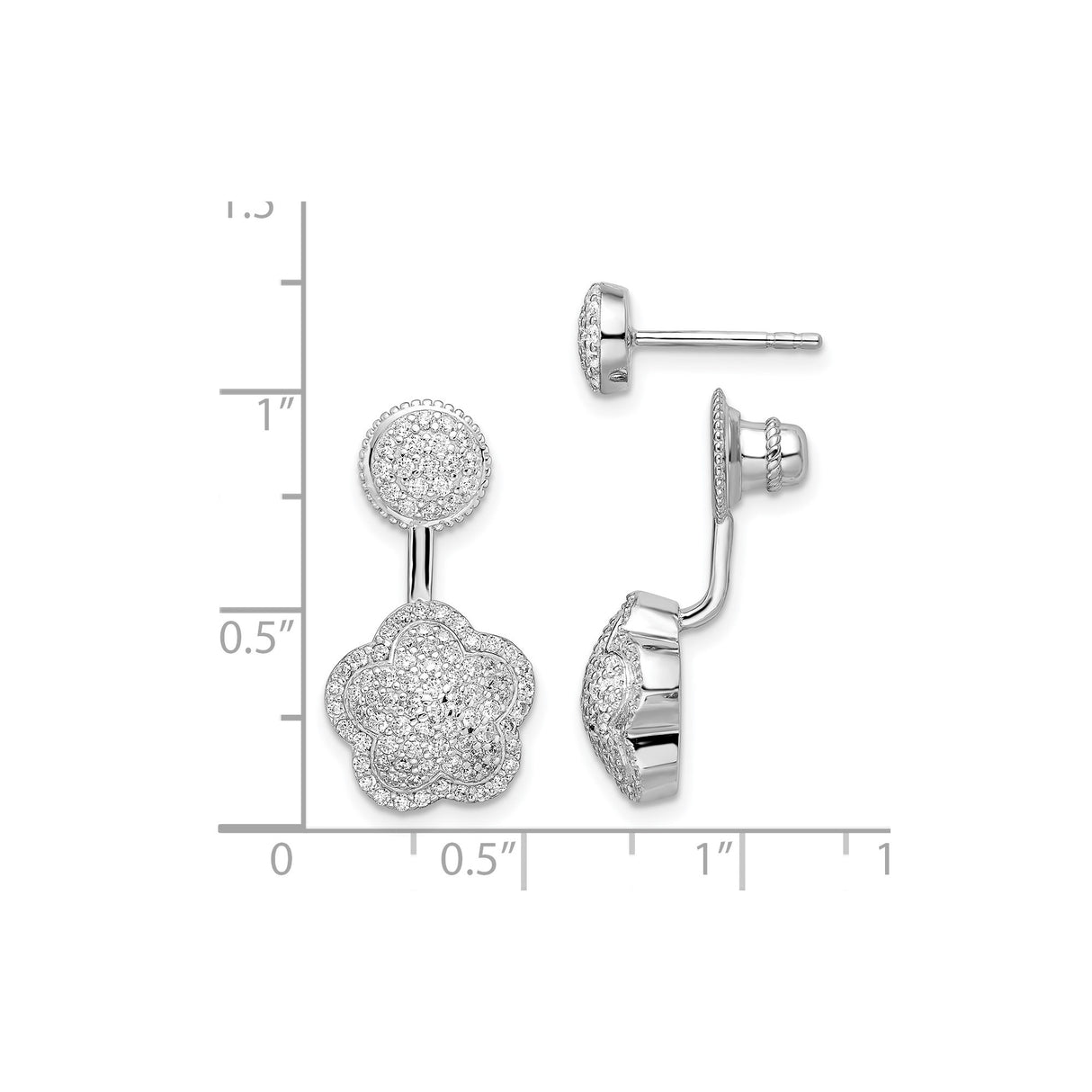 Sterling Silver Stud Earrings with Cubic Zirconia, Floral Layered Design, Convertible Drop Style