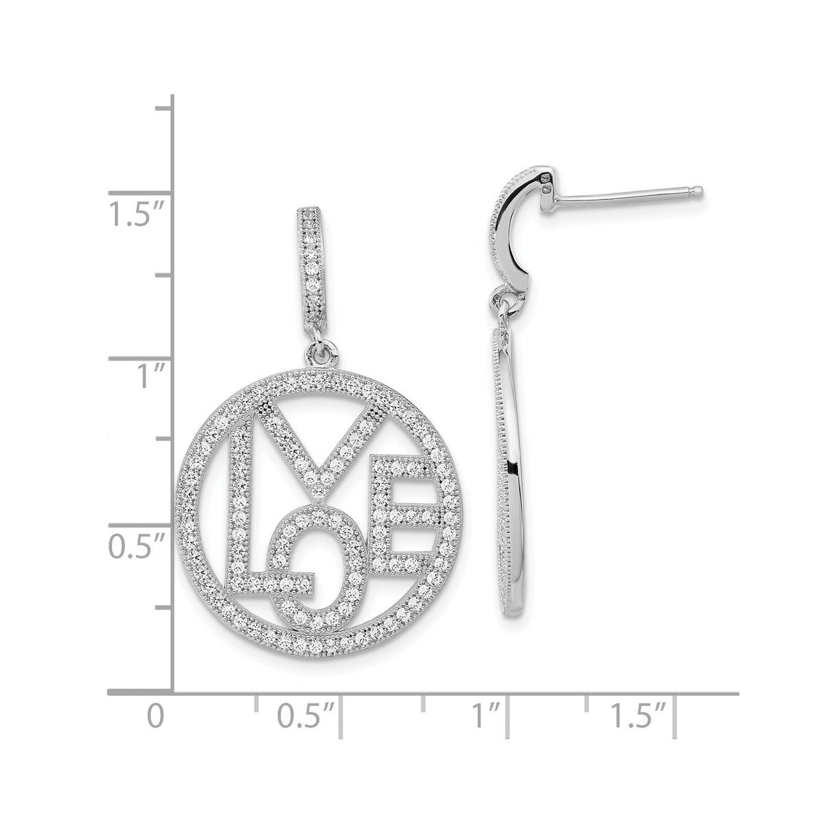 Sterling Silver Dangle Earrings with Cubic Zirconia, Circular LOVE Script Design