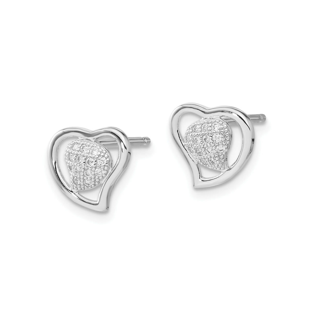 Sterling Silver Heart Stud Earrings with Cubic Zirconia and Open Heart Design for Women