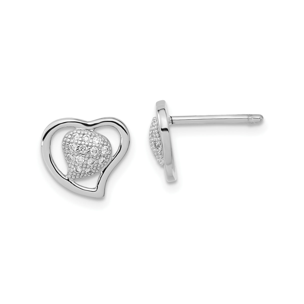 Sterling Silver Heart Stud Earrings with Cubic Zirconia and Open Heart Design for Women