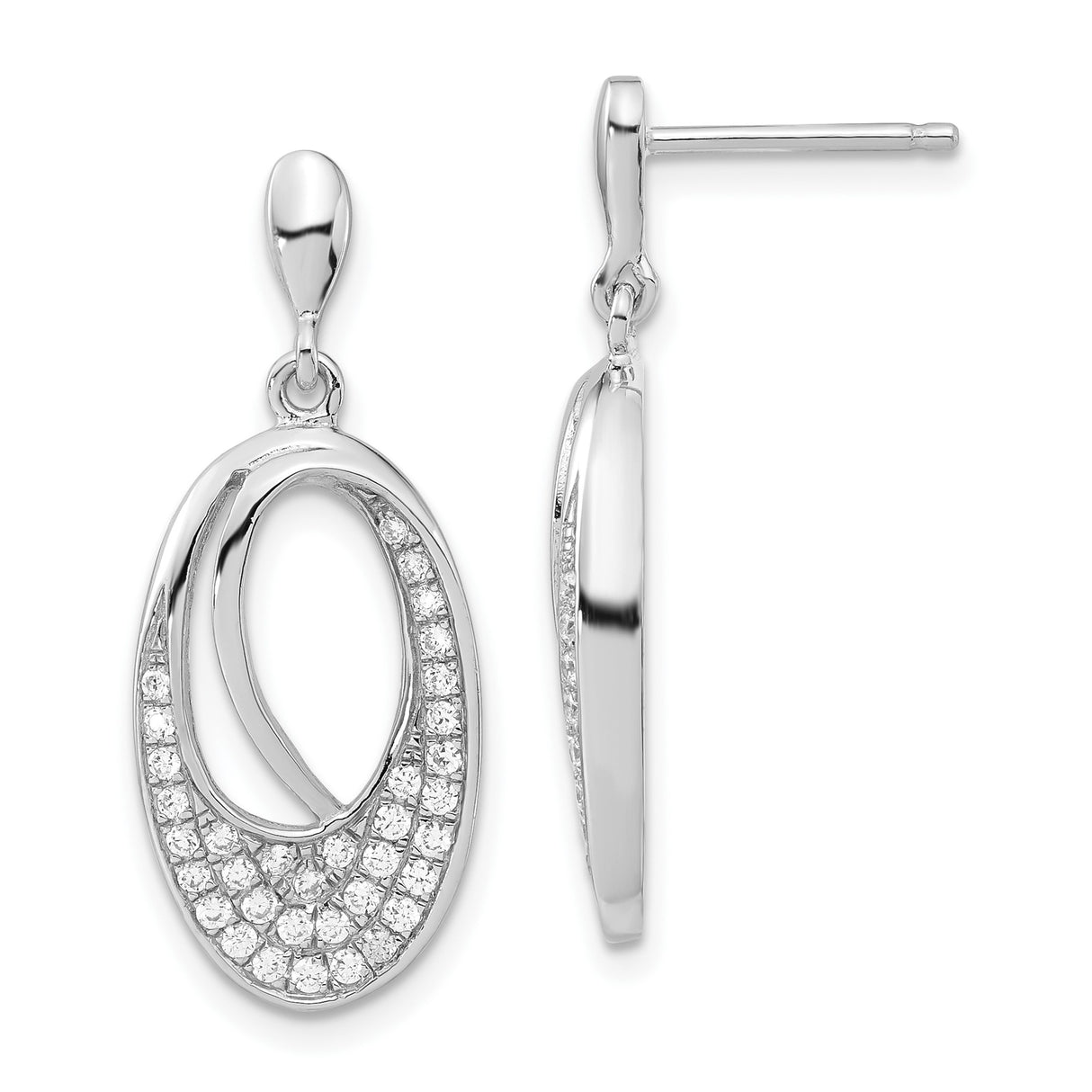 Sterling Silver Drop Earrings with Cubic Zirconia, Open Loop Oval Design, Lightweight Dangle Style