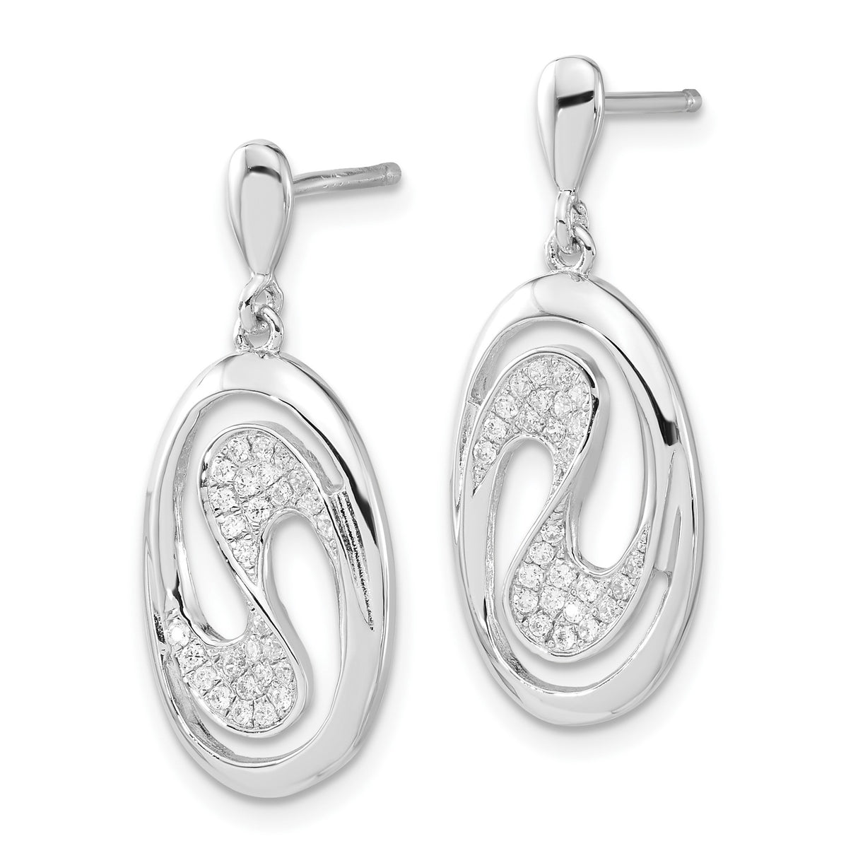 Sterling Silver Dangle Earrings with Cubic Zirconia, Open Oval Swirl Wave Design