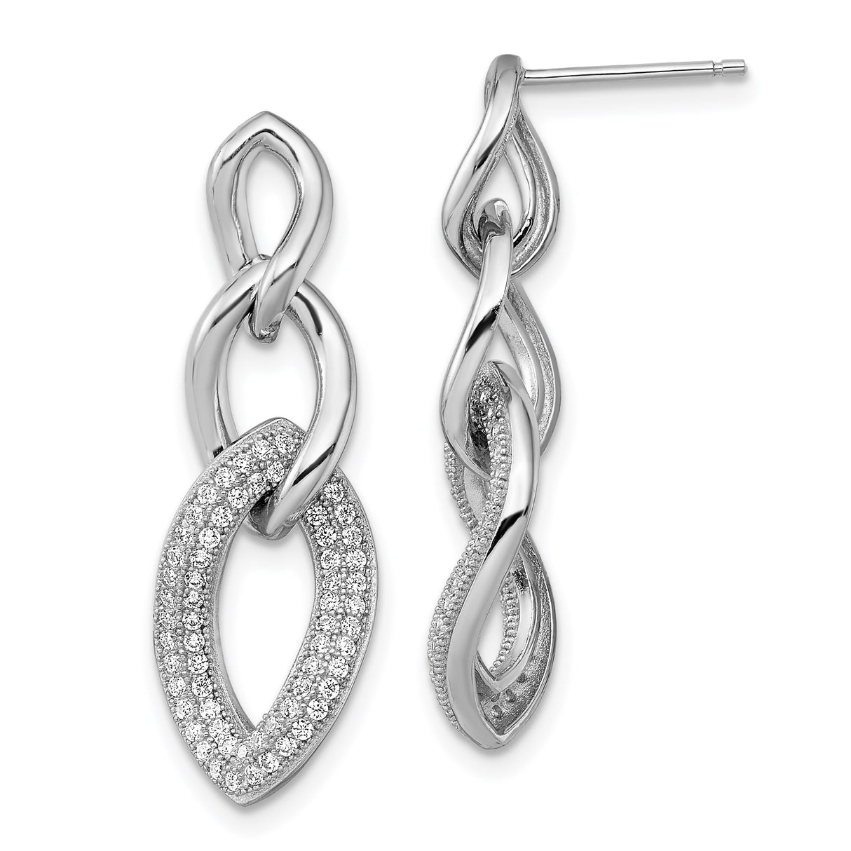 Sterling Silver Dangle Earrings with Cubic Zirconia, Interlocking Marquise and Twist Design