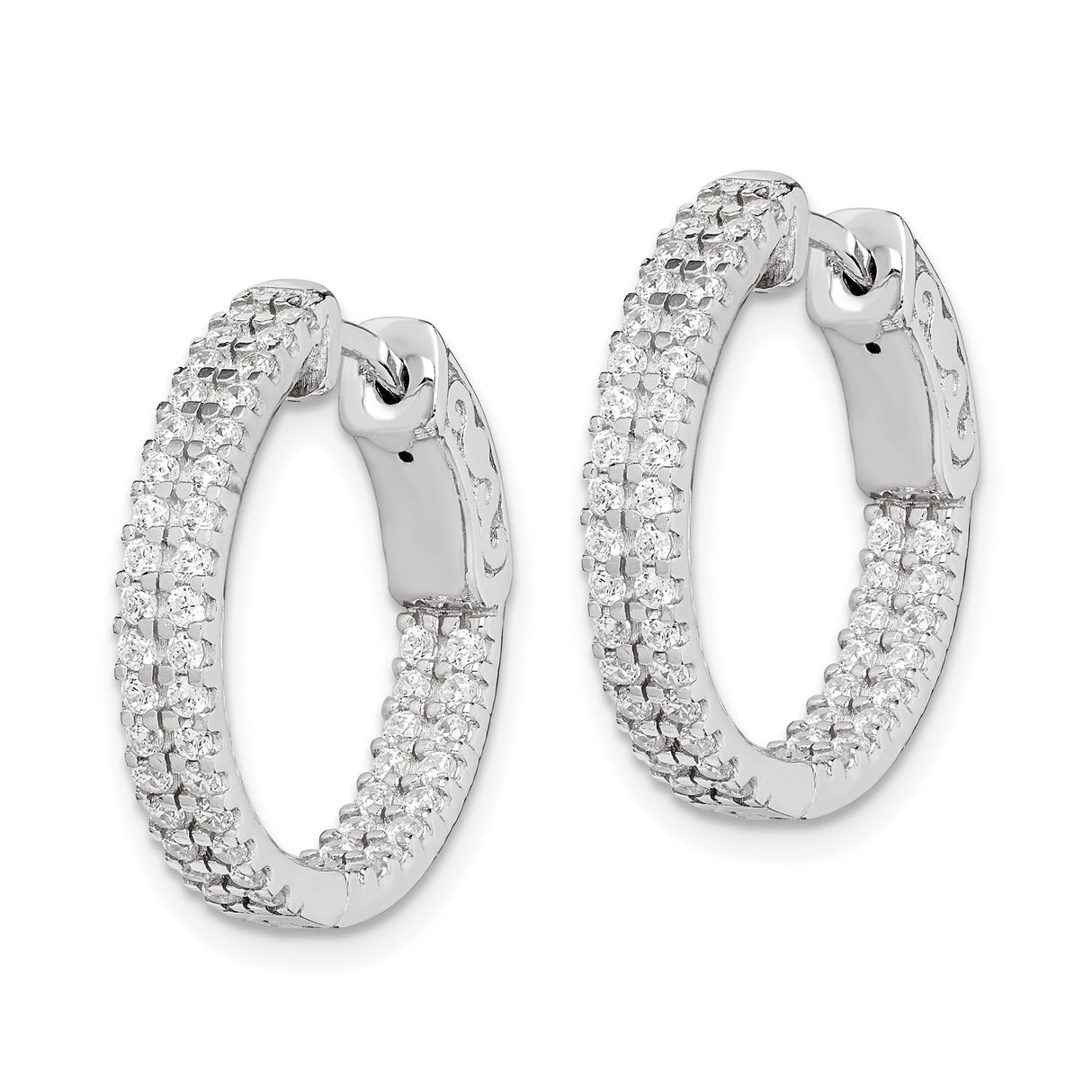 Sterling Silver Hoop Earrings with Triple Row Cubic Zirconia Pavé, Polished Inner and Outer Design