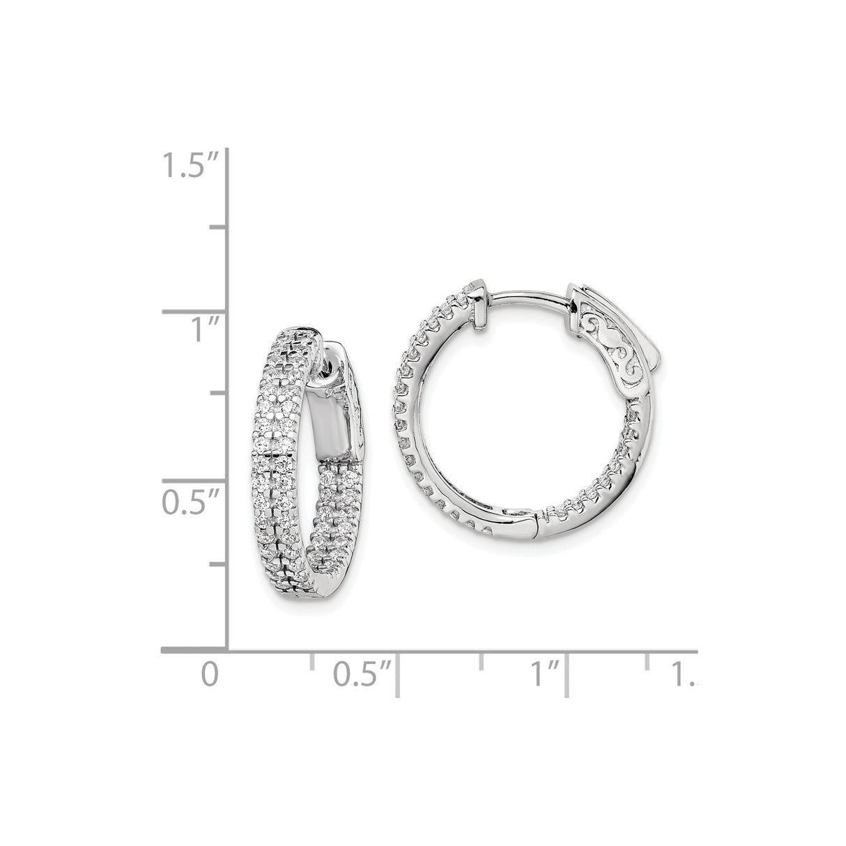 Sterling Silver Hoop Earrings with Triple Row Cubic Zirconia Pavé, Polished Inner and Outer Design