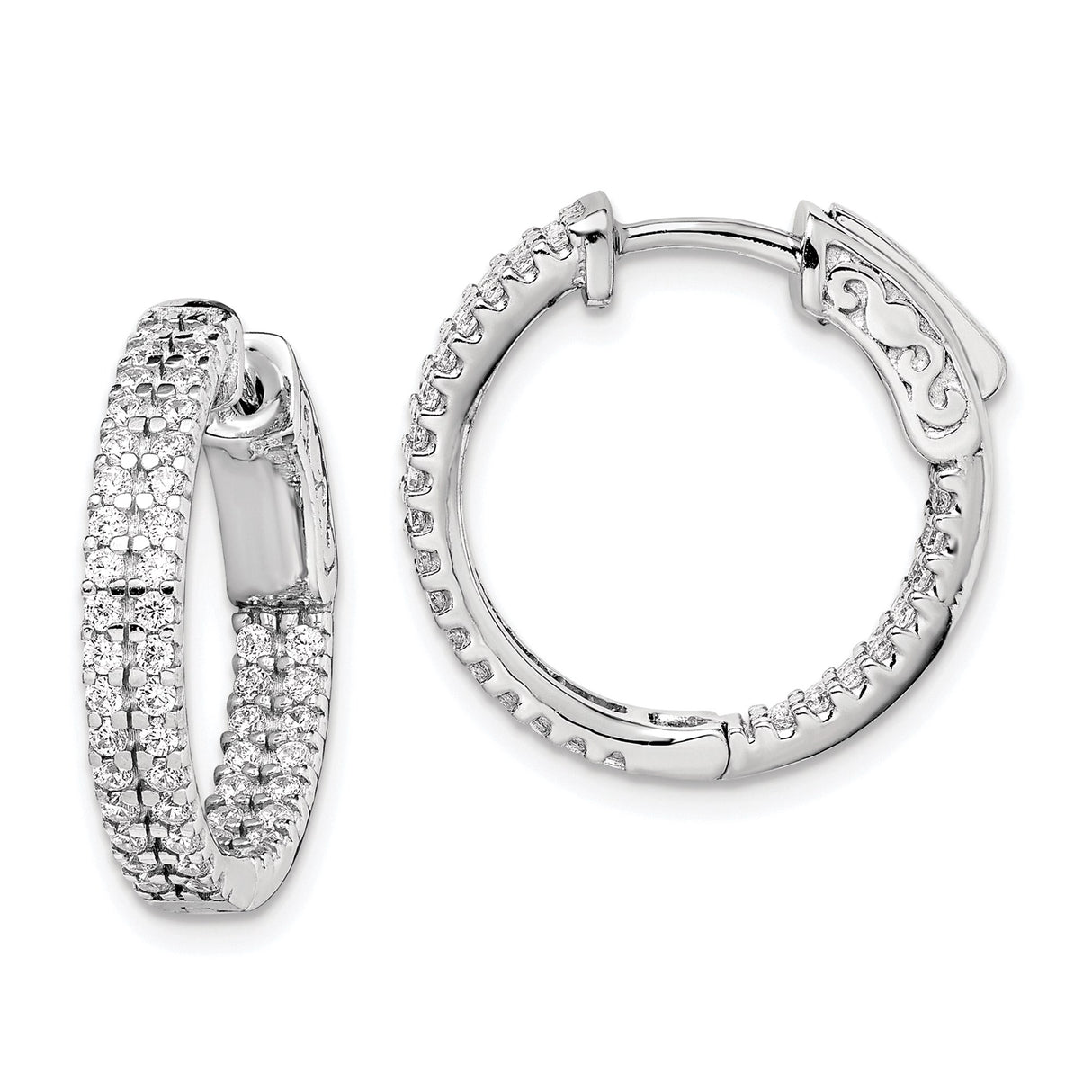 Sterling Silver Hoop Earrings with Triple Row Cubic Zirconia Pavé, Polished Inner and Outer Design