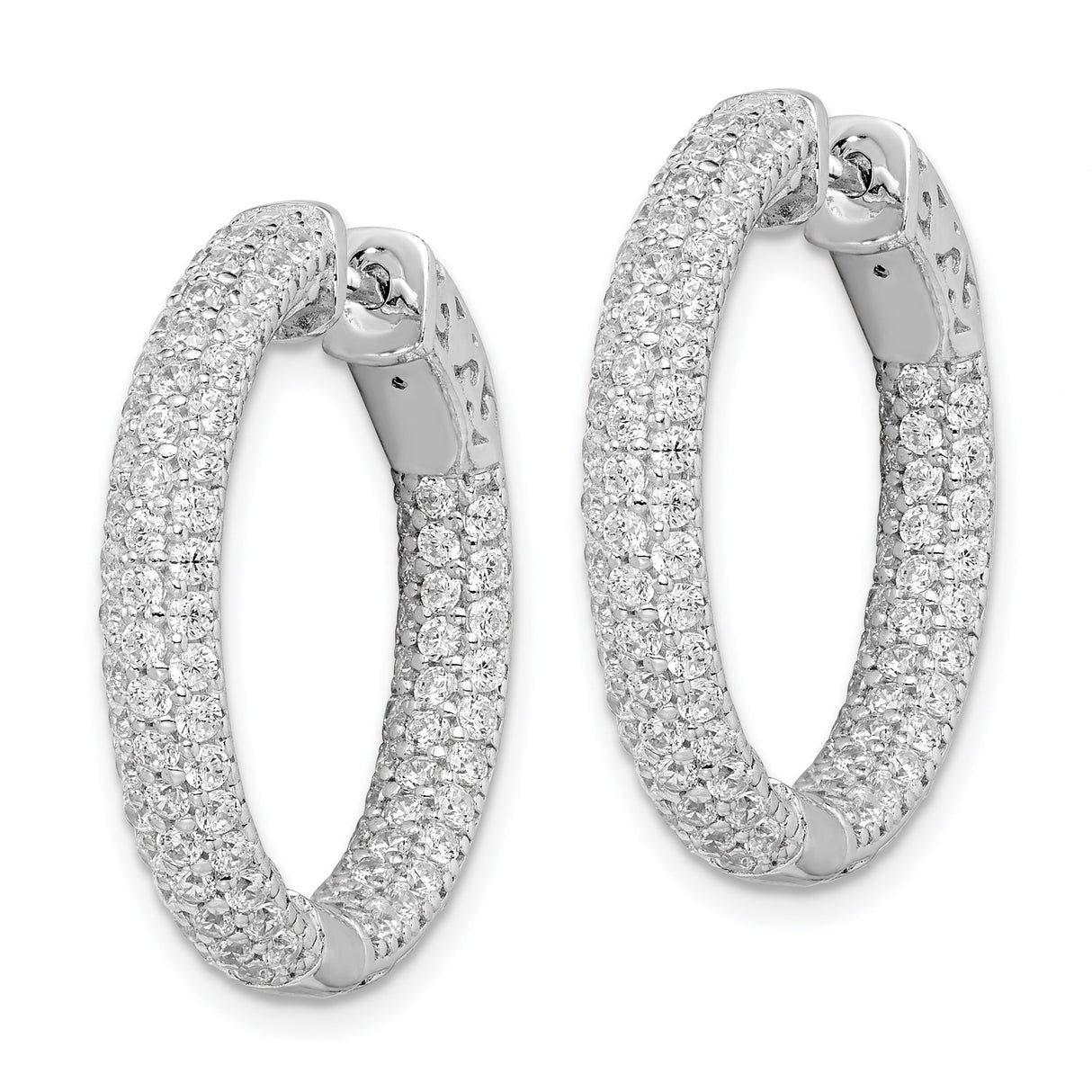 Sterling Silver Hoop Earrings with Triple Row Cubic Zirconia, Inner Band Detail, Evening Style