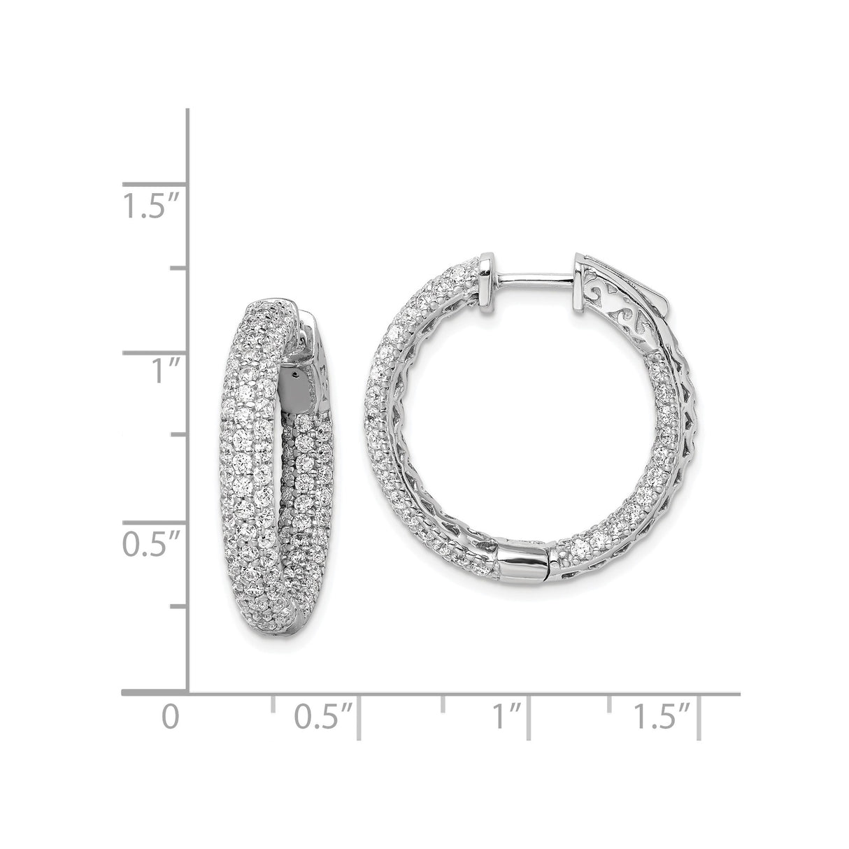 Sterling Silver Hoop Earrings with Triple Row Cubic Zirconia, Inner Band Detail, Evening Style
