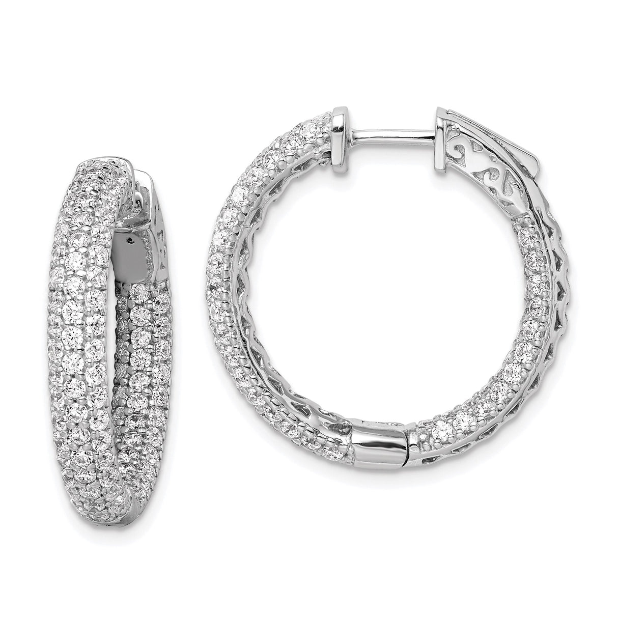 Sterling Silver Hoop Earrings with Triple Row Cubic Zirconia, Inner Band Detail, Evening Style
