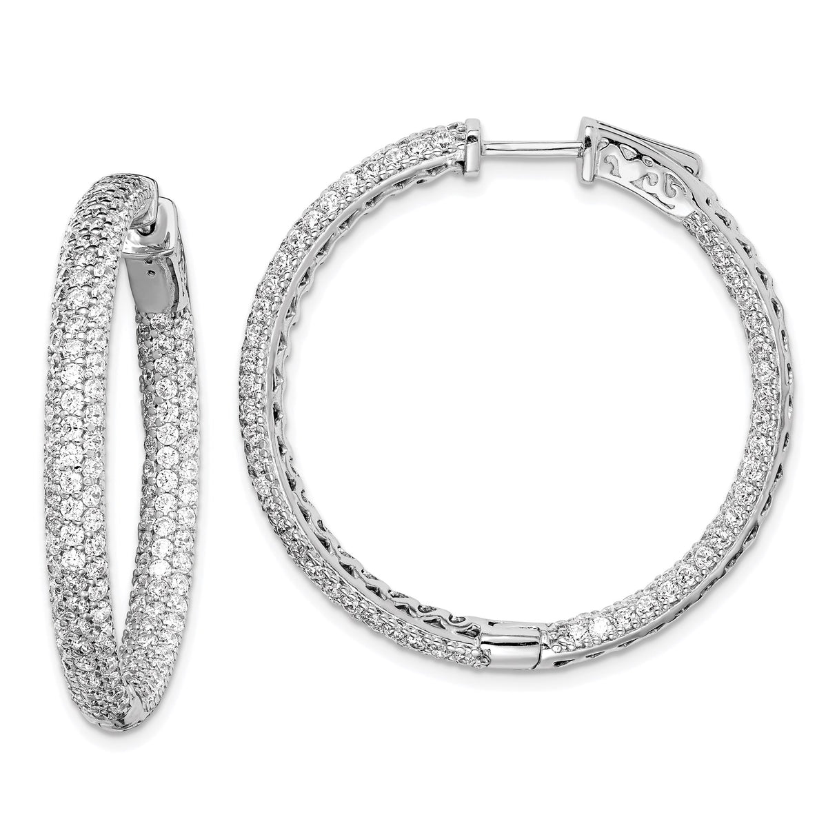 Sterling Silver Hoop Earrings with Triple Row Cubic Zirconia, Pavé Fashion Statement Hoops