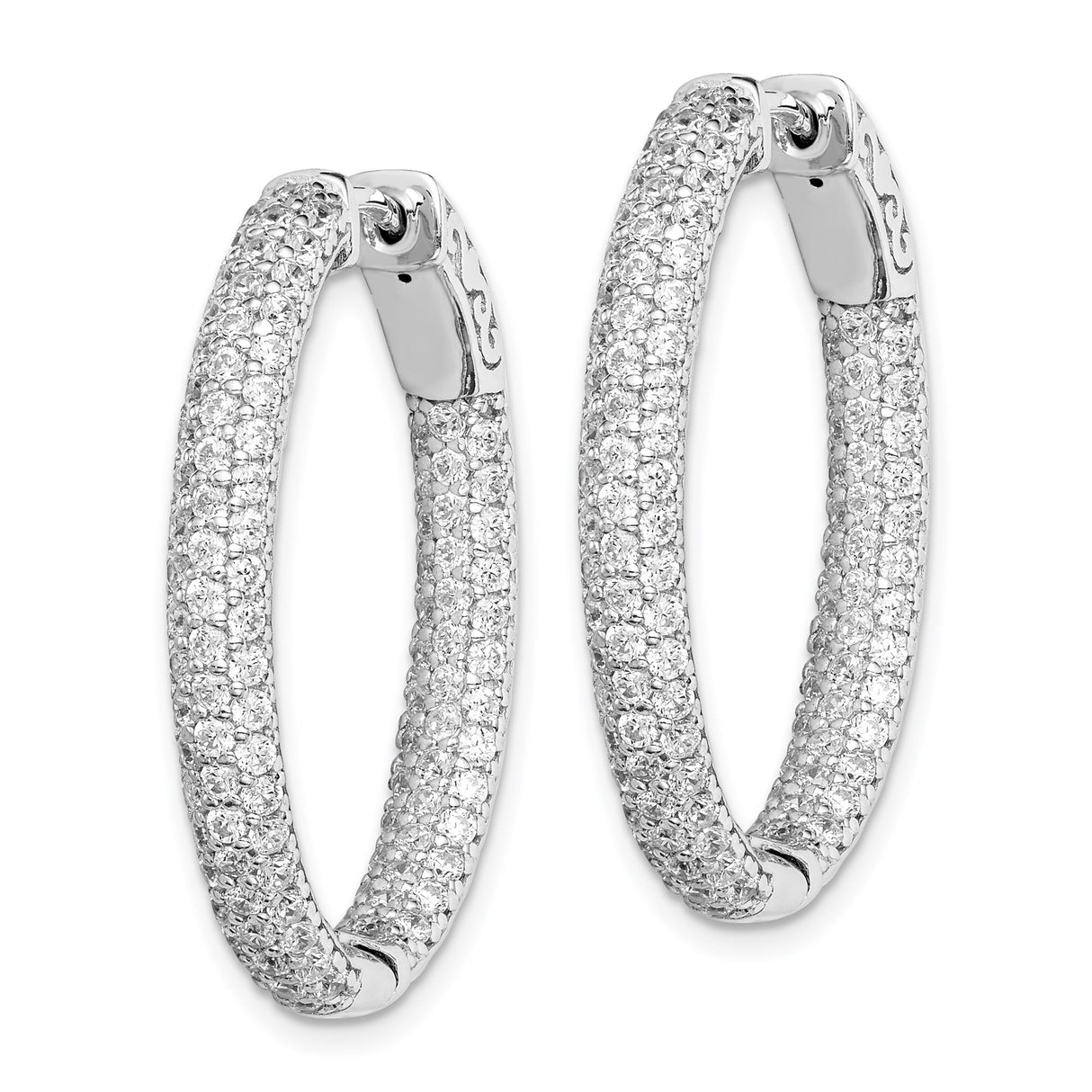 Sterling Silver Oval Hoop Earrings with Pavé Cubic Zirconia and Filigree Detail