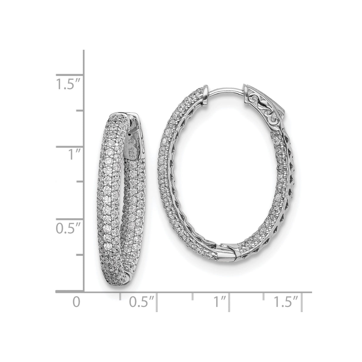 Sterling Silver Oval Hoop Earrings with Pavé Cubic Zirconia and Filigree Detail