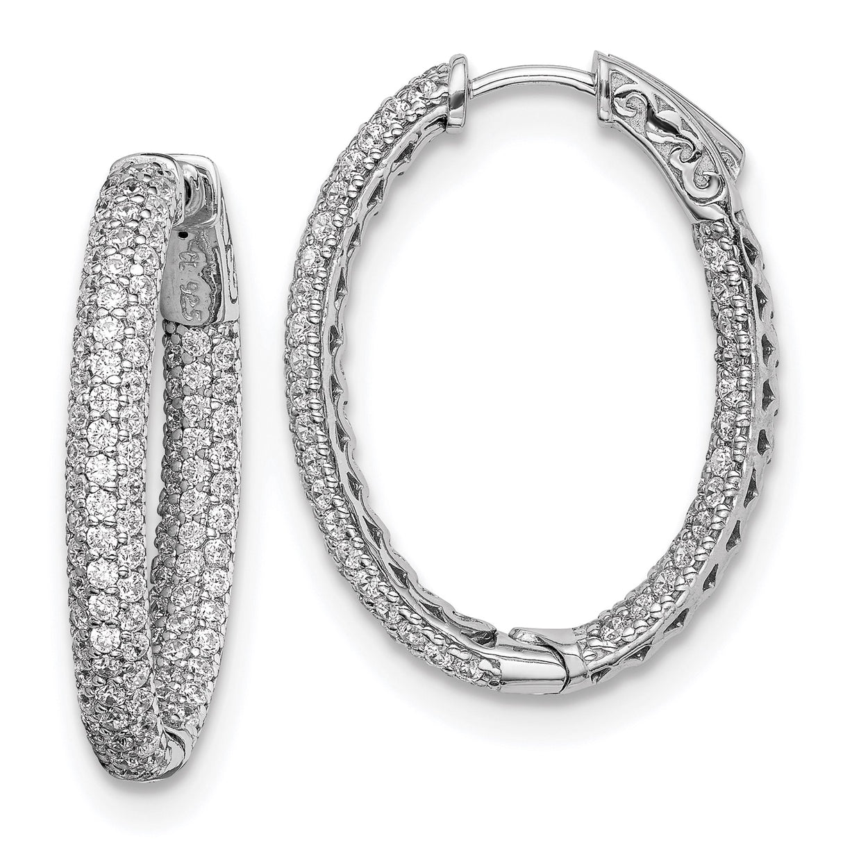 Sterling Silver Oval Hoop Earrings with Pavé Cubic Zirconia and Filigree Detail