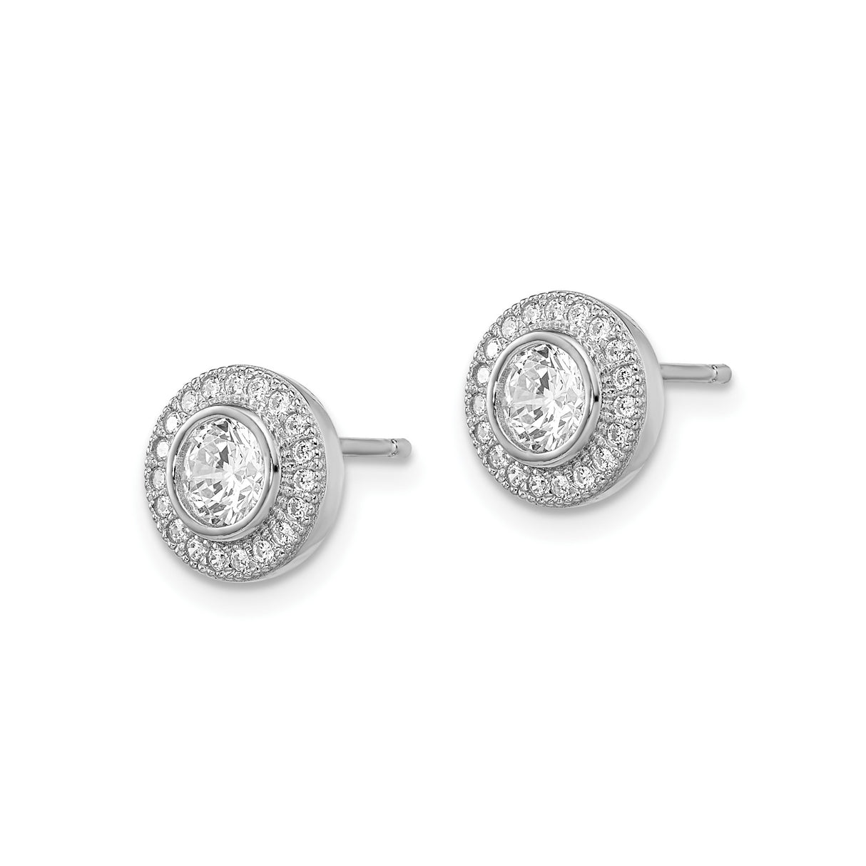 Sterling Silver Halo Stud Earrings with Clear Cubic Zirconia and Double Halo Setting