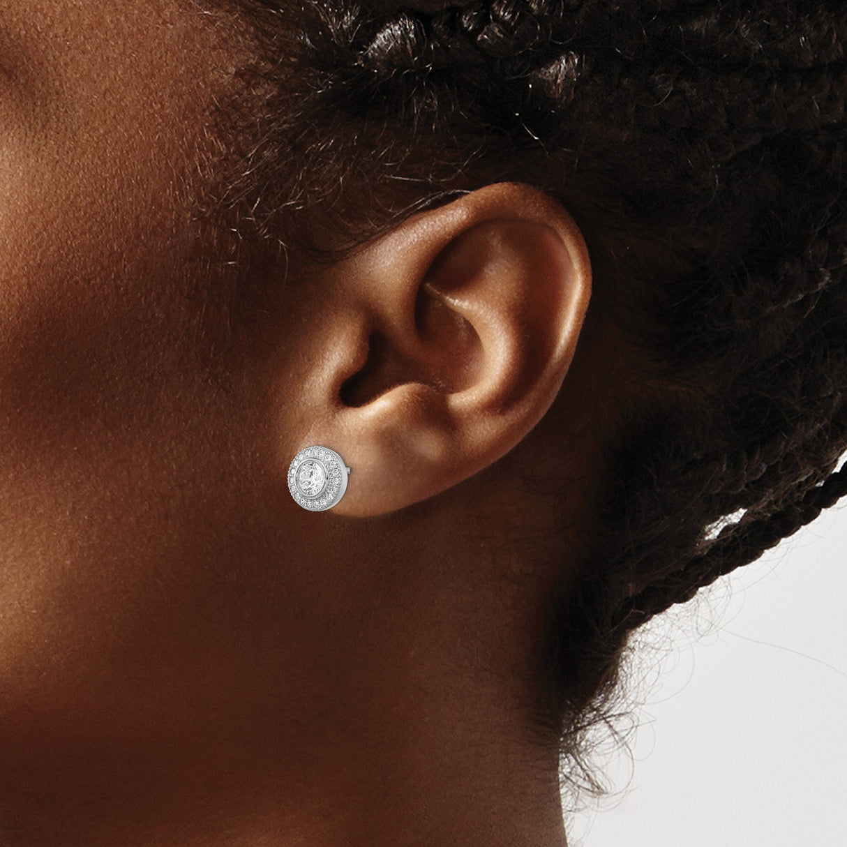 Sterling Silver Halo Stud Earrings with Clear Cubic Zirconia and Double Halo Setting