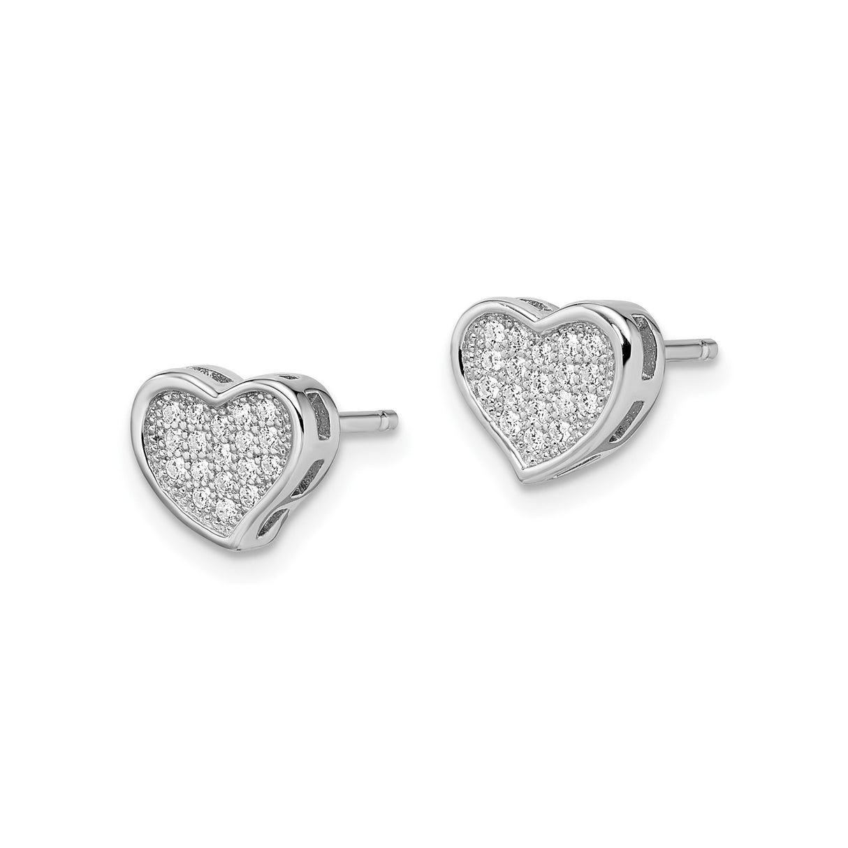 Sterling Silver Heart Shaped Stud Earrings with Cubic Zirconia Pave Set Stones