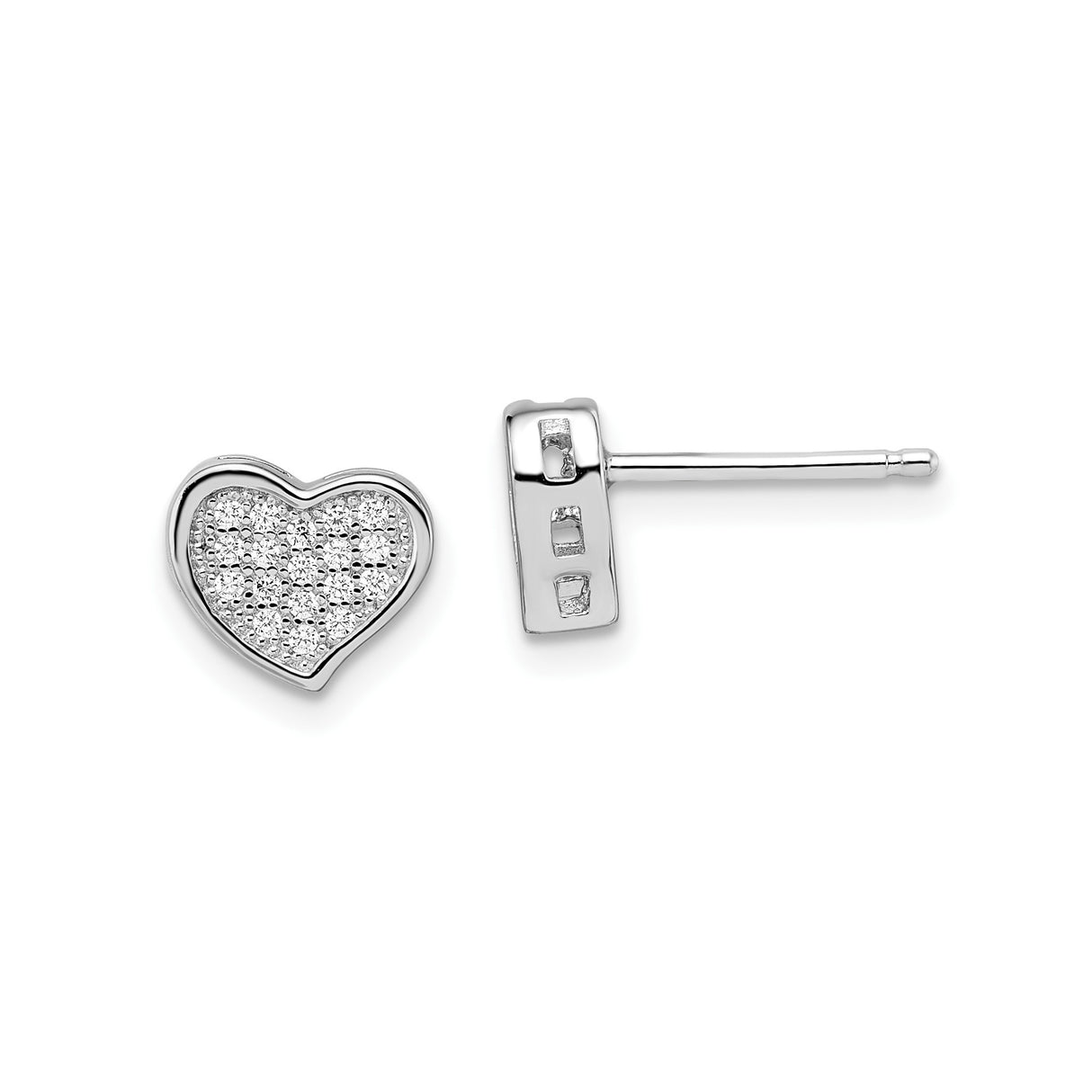Sterling Silver Heart Shaped Stud Earrings with Cubic Zirconia Pave Set Stones