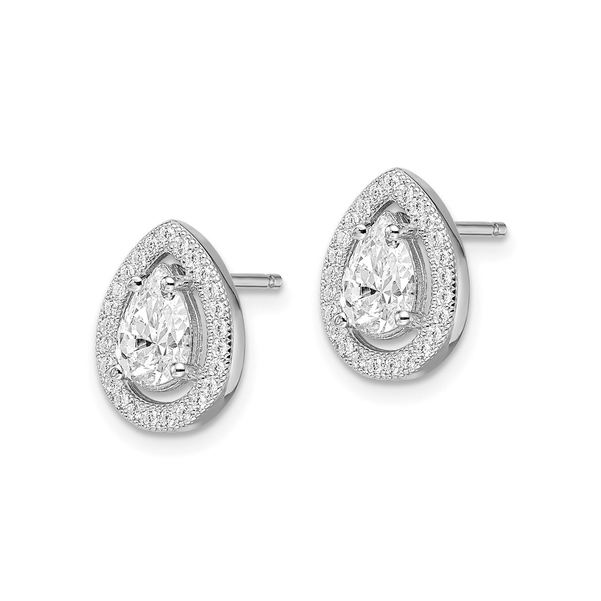 Sterling Silver Teardrop Stud Earrings with Pear Shaped Cubic Zirconia and Halo Setting