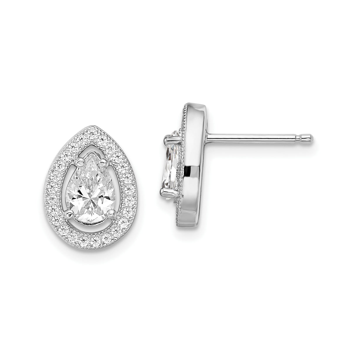 Sterling Silver Teardrop Stud Earrings with Pear Shaped Cubic Zirconia and Halo Setting