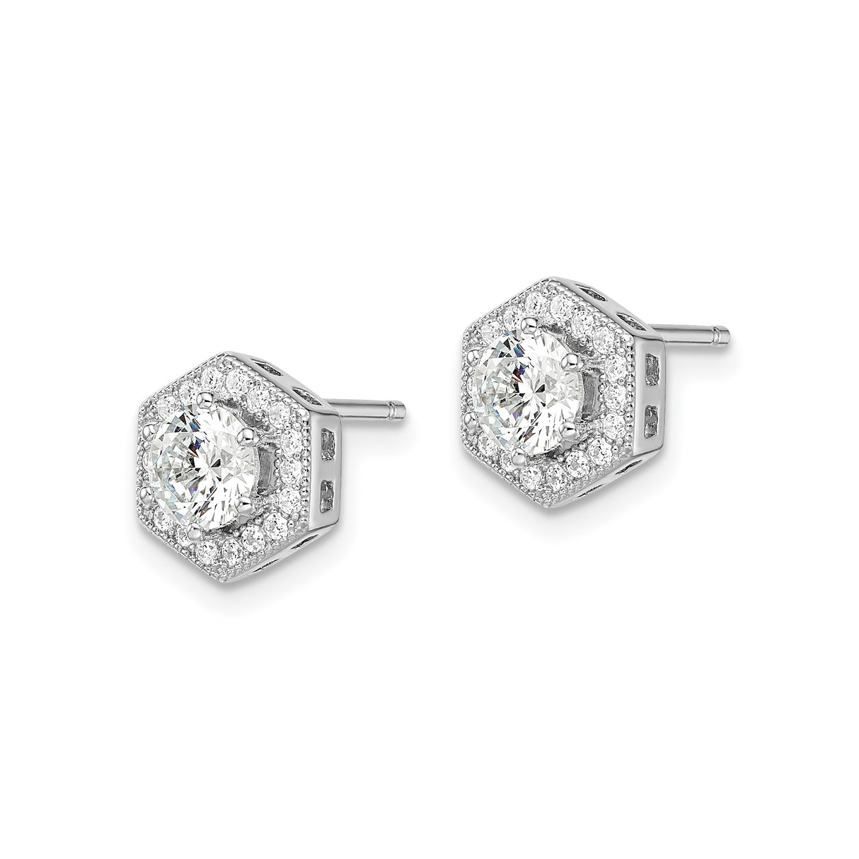 Sterling Silver Hexagon Stud Earrings with Round Cubic Zirconia Center and Halo Accent