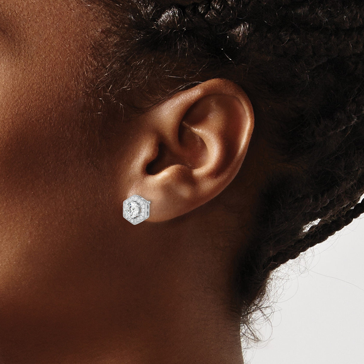 Sterling Silver Hexagon Stud Earrings with Round Cubic Zirconia Center and Halo Accent