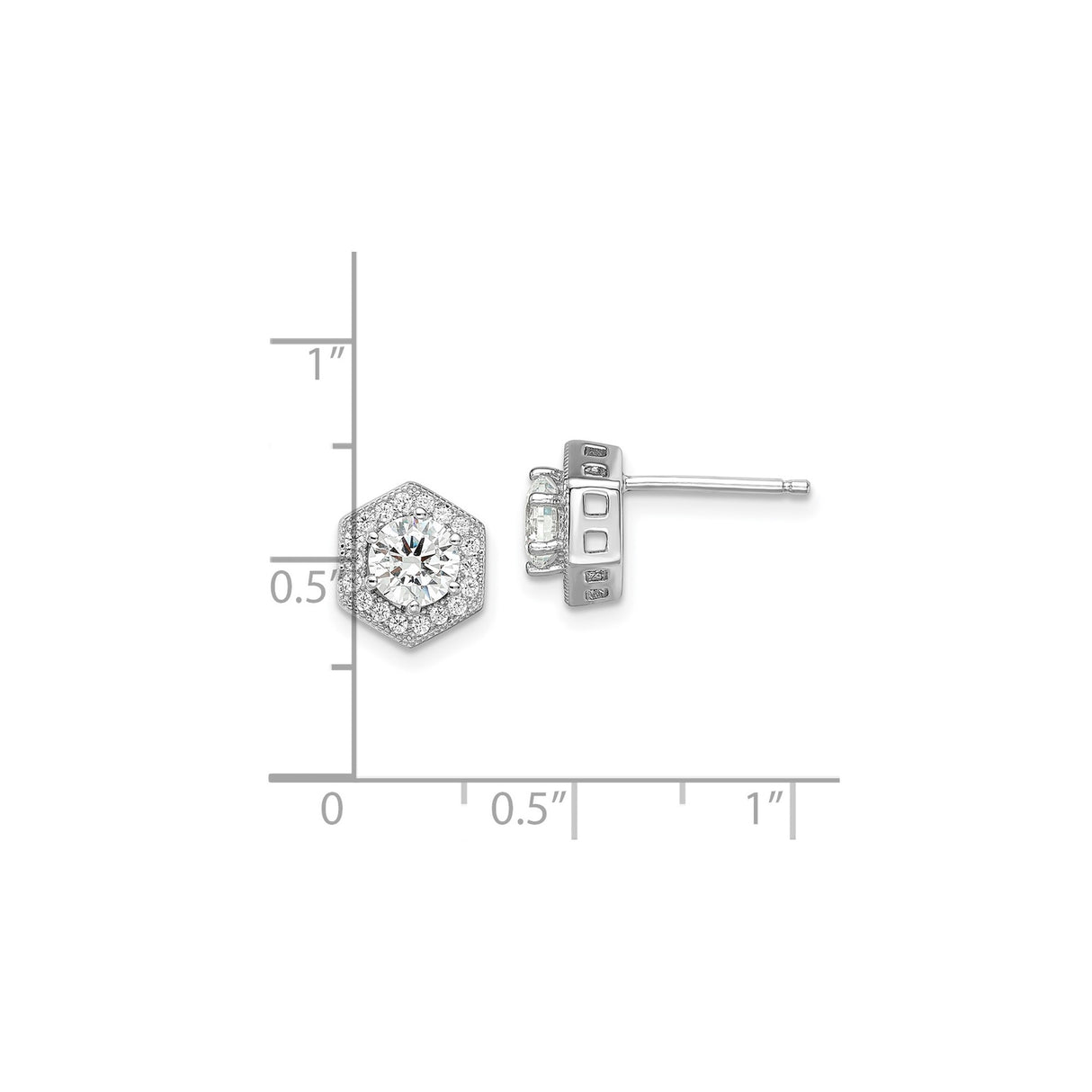 Sterling Silver Hexagon Stud Earrings with Round Cubic Zirconia Center and Halo Accent