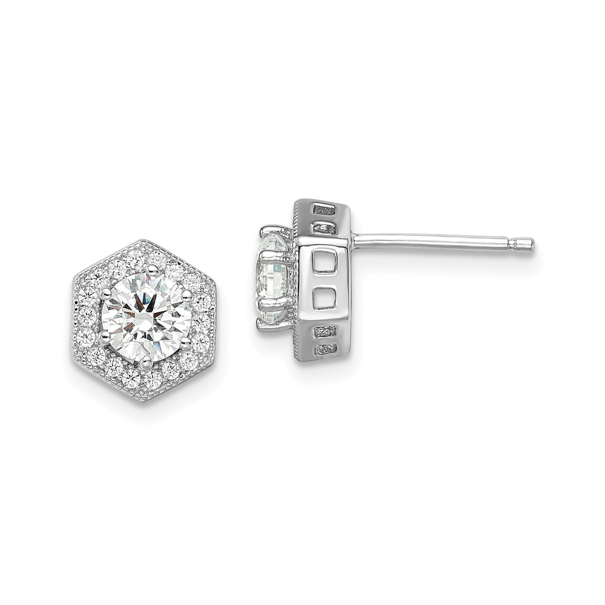 Sterling Silver Hexagon Stud Earrings with Round Cubic Zirconia Center and Halo Accent
