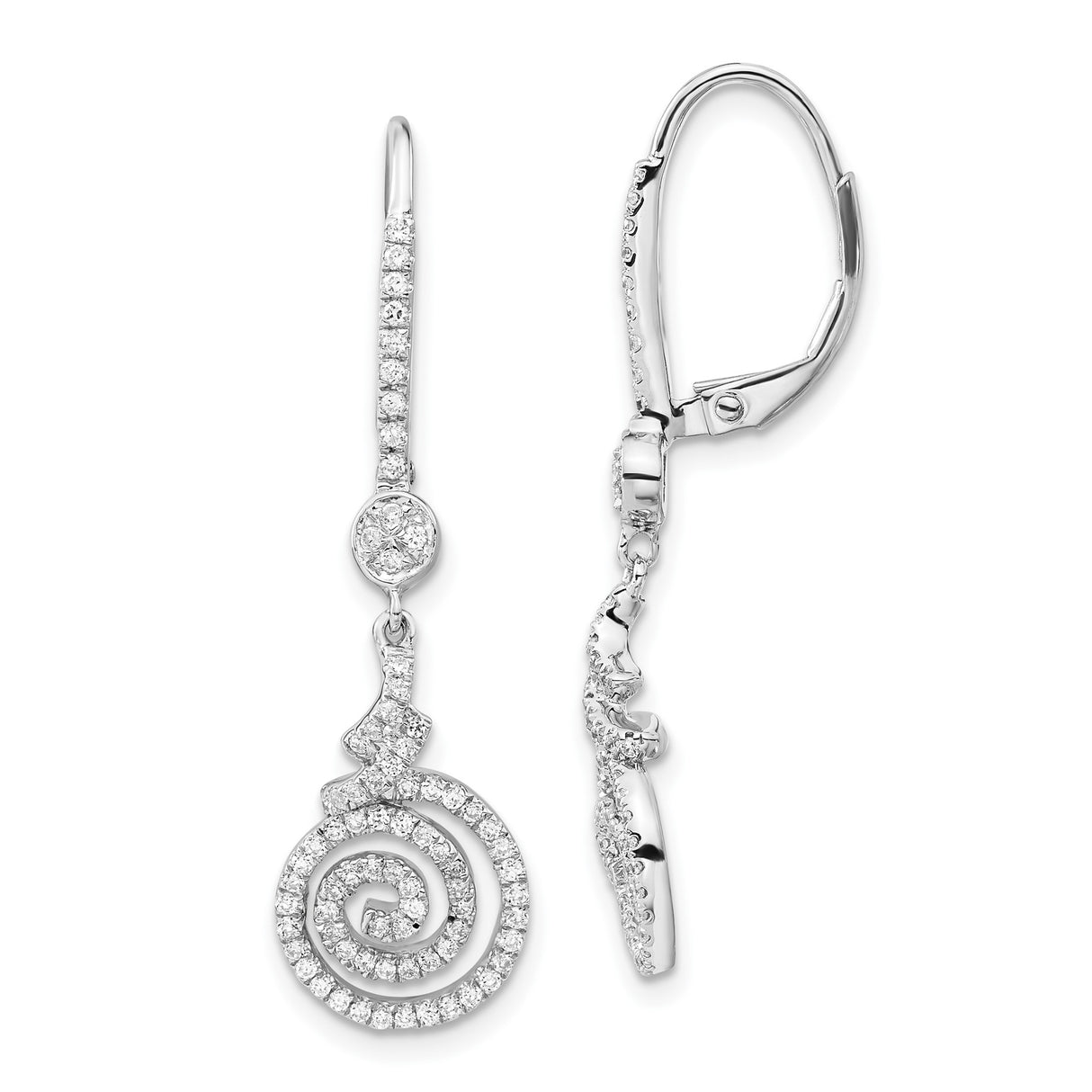 Sterling Silver Spiral Dangle Earrings with Cubic Zirconia, Swirl Leverback Drop Style