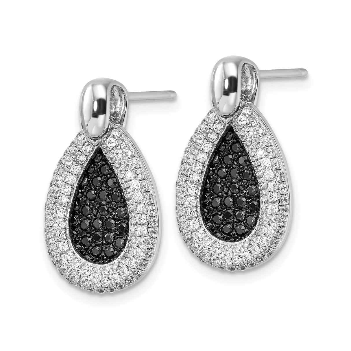 Sterling Silver Teardrop Earrings with Black and White Cubic Zirconia Pavé Dangle Design