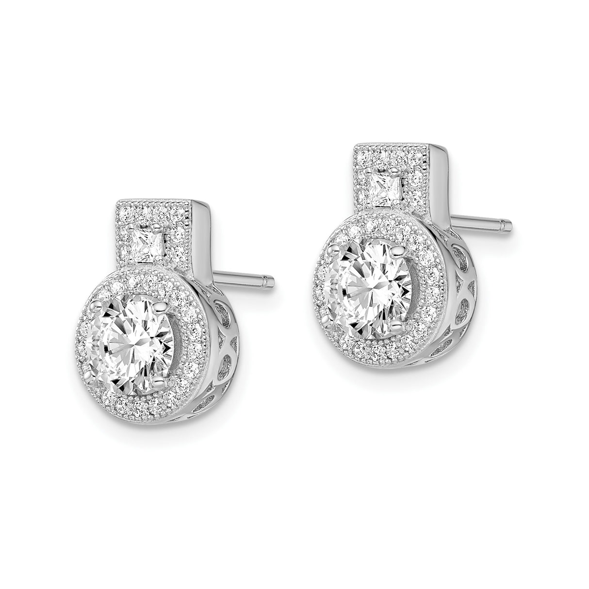 Sterling Silver Stud Earrings with Round Cubic Zirconia, Halo Setting, Geometric Design