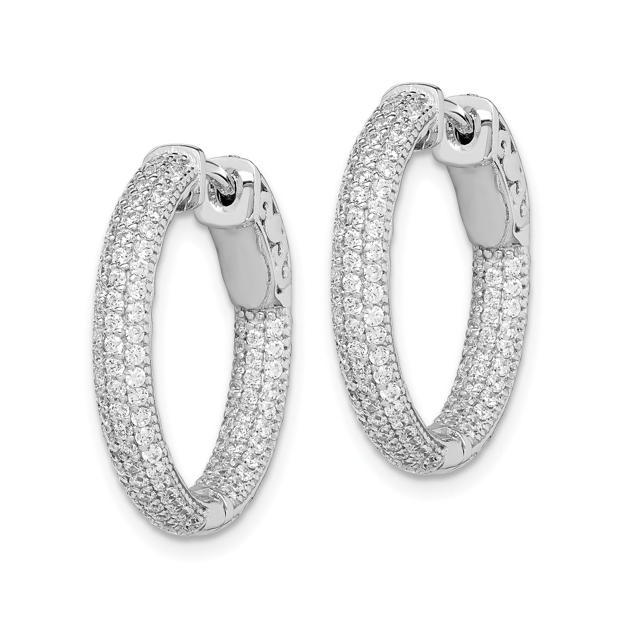Sterling Silver Hoop Earrings with Triple Row Cubic Zirconia Pavé and Filigree Design