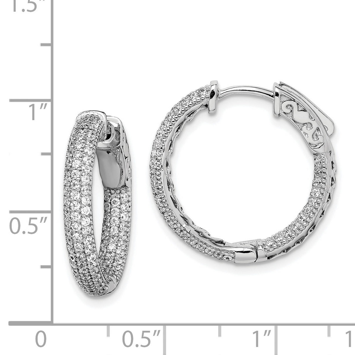Sterling Silver Hoop Earrings with Triple Row Cubic Zirconia Pavé and Filigree Design