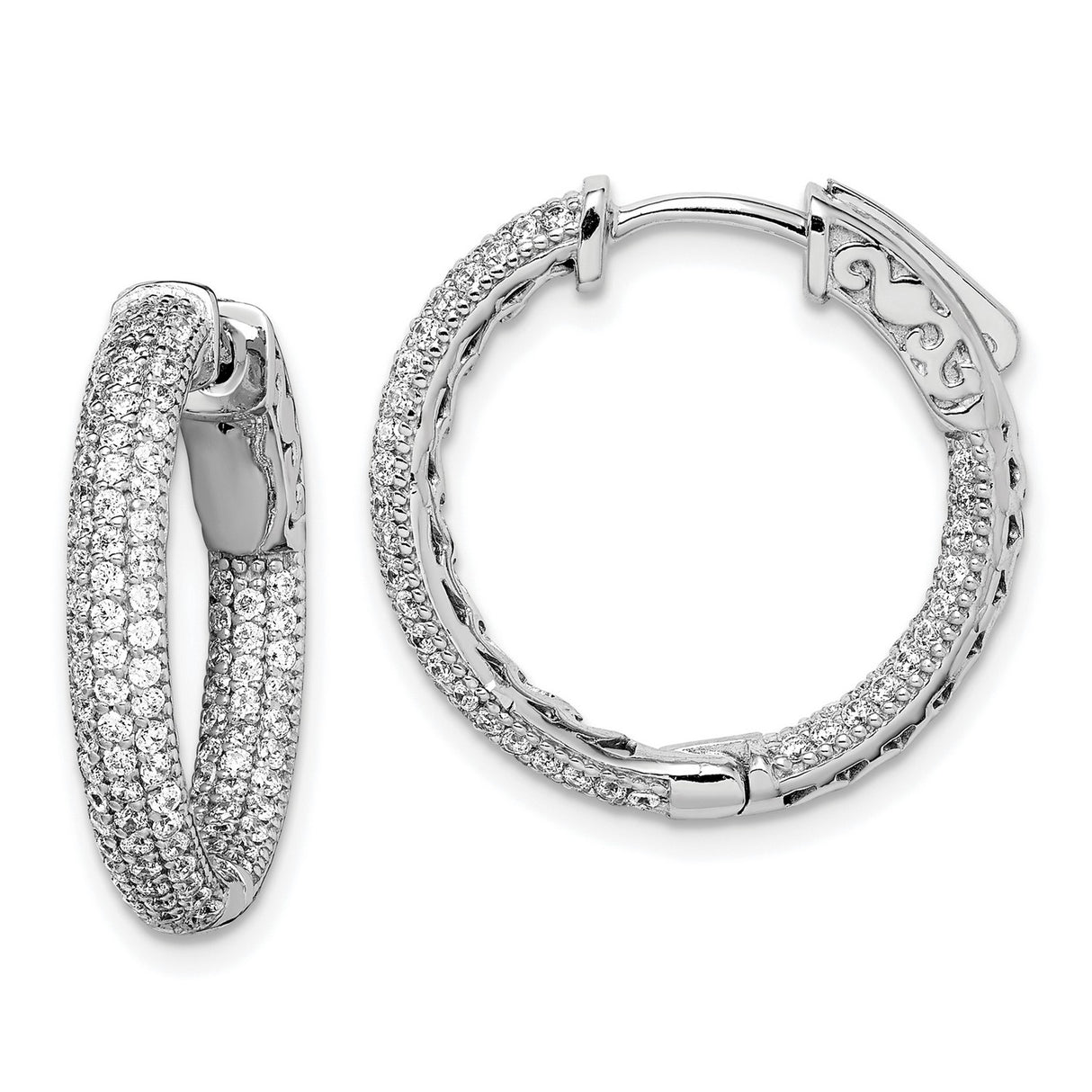 Sterling Silver Hoop Earrings with Triple Row Cubic Zirconia Pavé and Filigree Design
